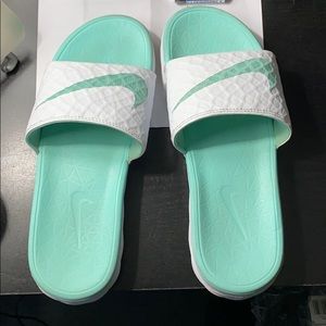 Mint Green and White Nike Slides